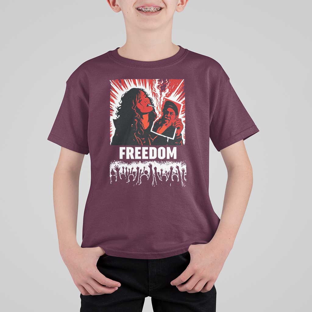 Freedom Iran Women Revolution 2026 T Shirt For Kid Lighting Cigarette with Burning Portrait Graphic