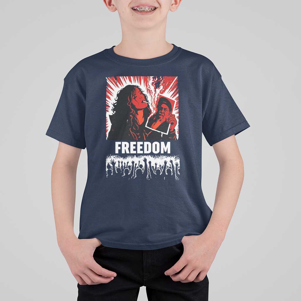 Freedom Iran Women Revolution 2026 T Shirt For Kid Lighting Cigarette with Burning Portrait Graphic