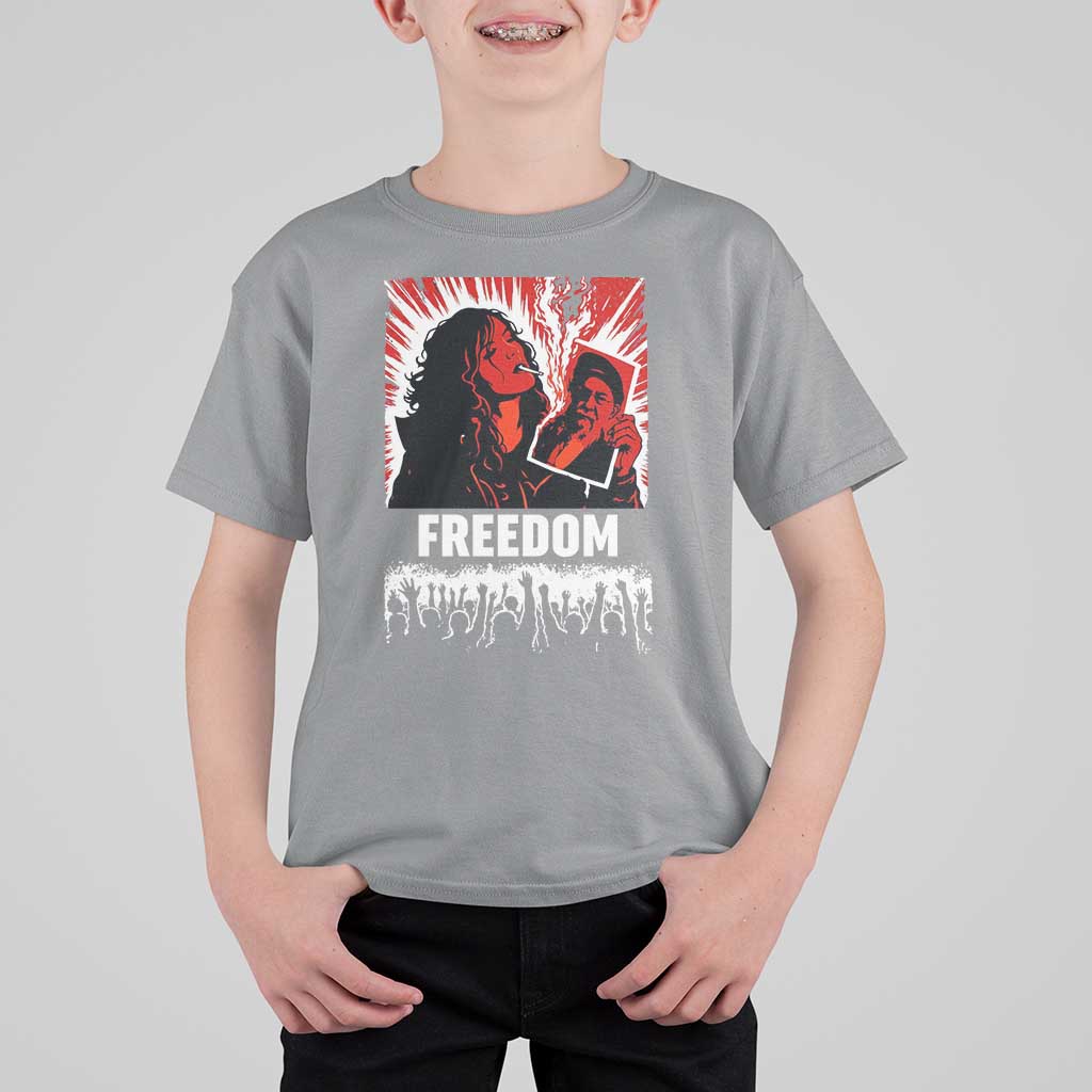 Freedom Iran Women Revolution 2026 T Shirt For Kid Lighting Cigarette with Burning Portrait Graphic