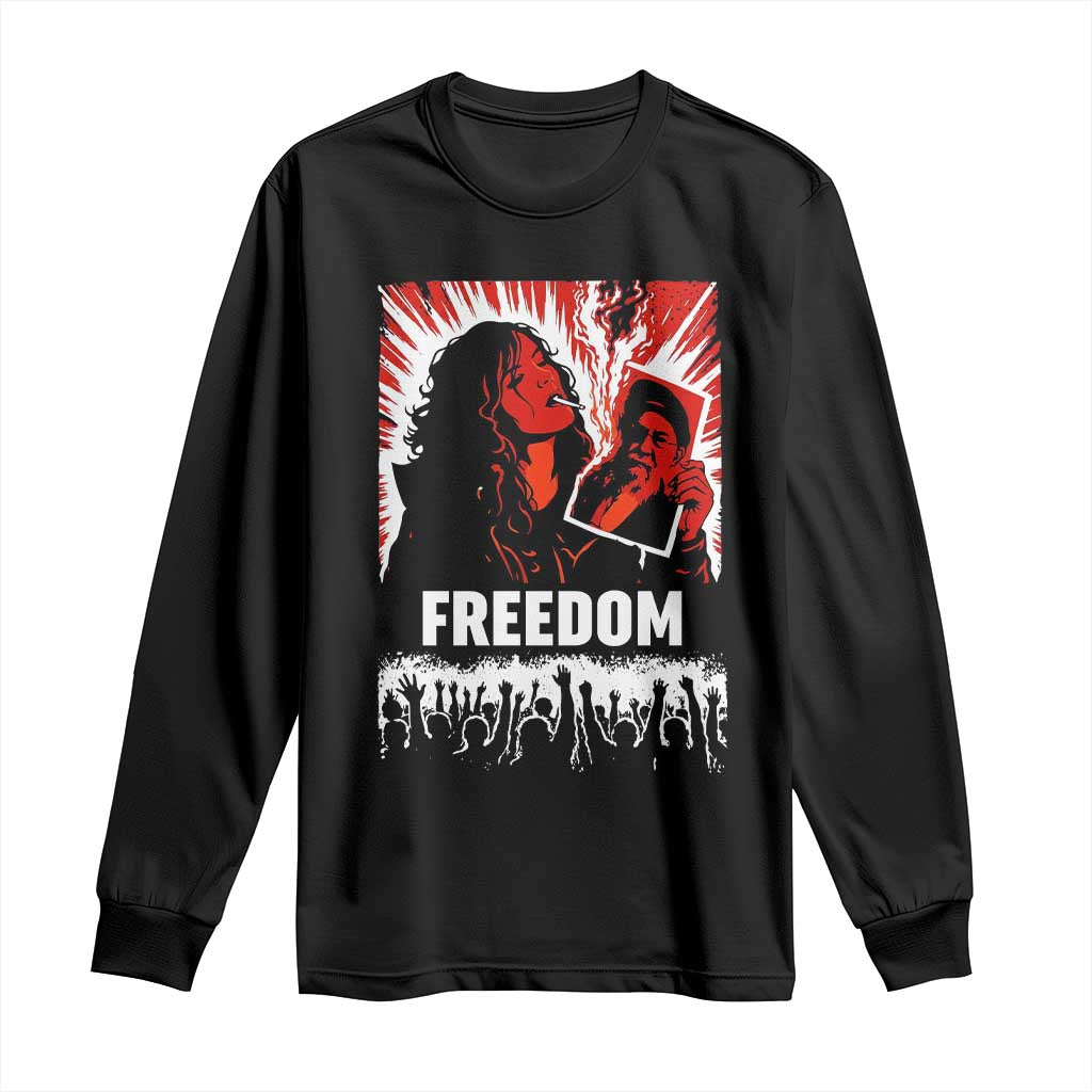 Freedom Iran Women Revolution 2026 Long Sleeve Shirt Lighting Cigarette with Burning Portrait Graphic
