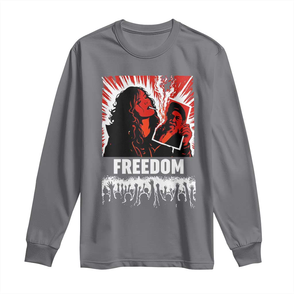 Freedom Iran Women Revolution 2026 Long Sleeve Shirt Lighting Cigarette with Burning Portrait Graphic