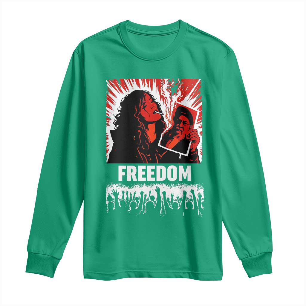 Freedom Iran Women Revolution 2026 Long Sleeve Shirt Lighting Cigarette with Burning Portrait Graphic