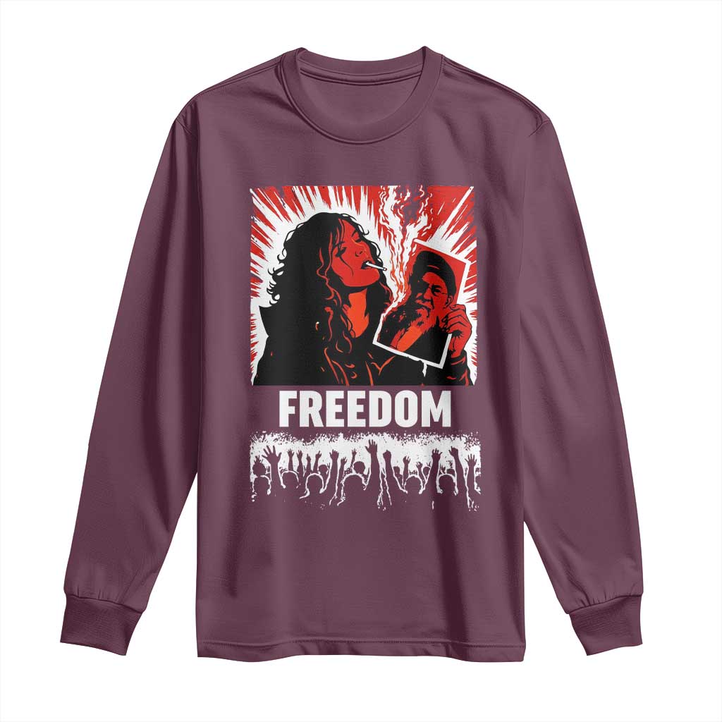 Freedom Iran Women Revolution 2026 Long Sleeve Shirt Lighting Cigarette with Burning Portrait Graphic