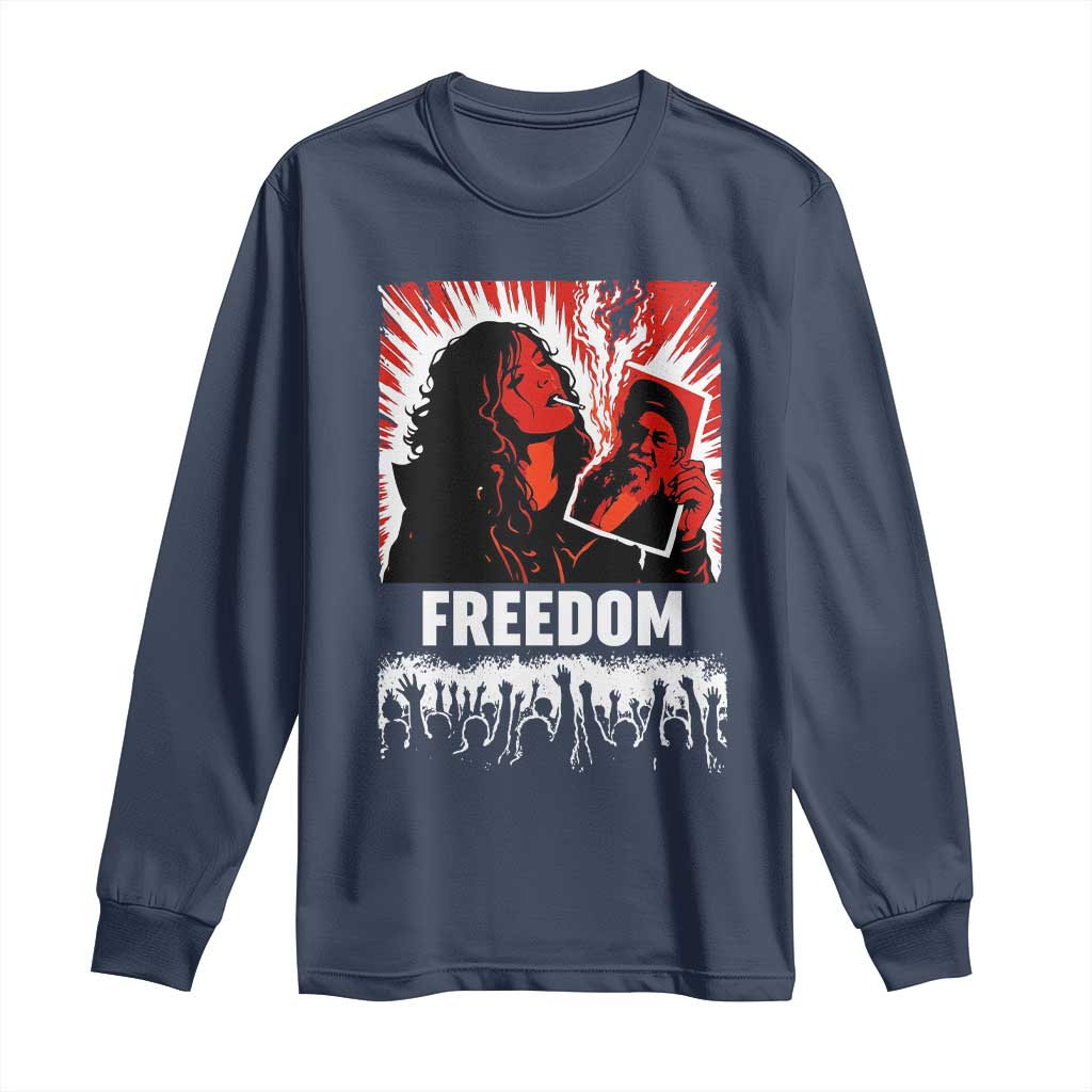 Freedom Iran Women Revolution 2026 Long Sleeve Shirt Lighting Cigarette with Burning Portrait Graphic