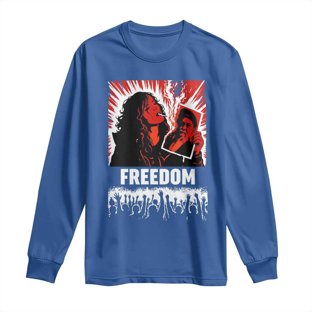 Freedom Iran Women Revolution 2026 Long Sleeve Shirt Lighting Cigarette with Burning Portrait Graphic