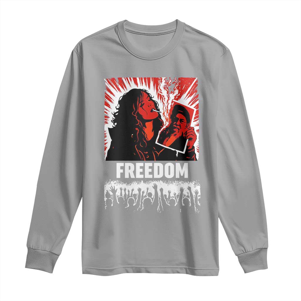 Freedom Iran Women Revolution 2026 Long Sleeve Shirt Lighting Cigarette with Burning Portrait Graphic