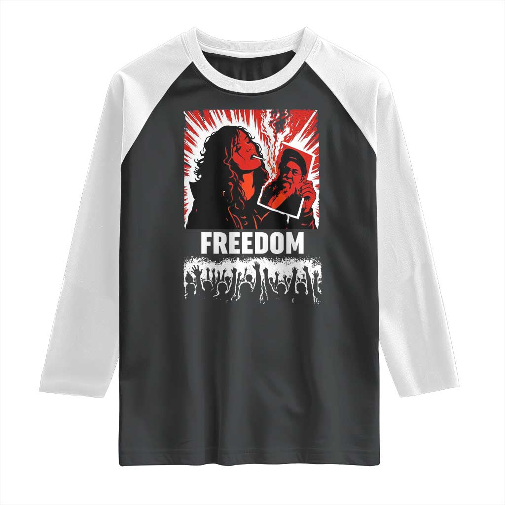 Freedom Iran Women Revolution 2026 Raglan Shirt Lighting Cigarette with Burning Portrait Graphic