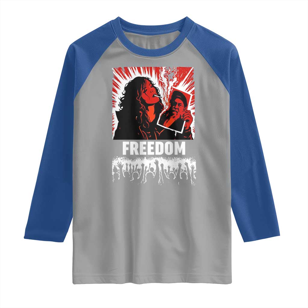 Freedom Iran Women Revolution 2026 Raglan Shirt Lighting Cigarette with Burning Portrait Graphic