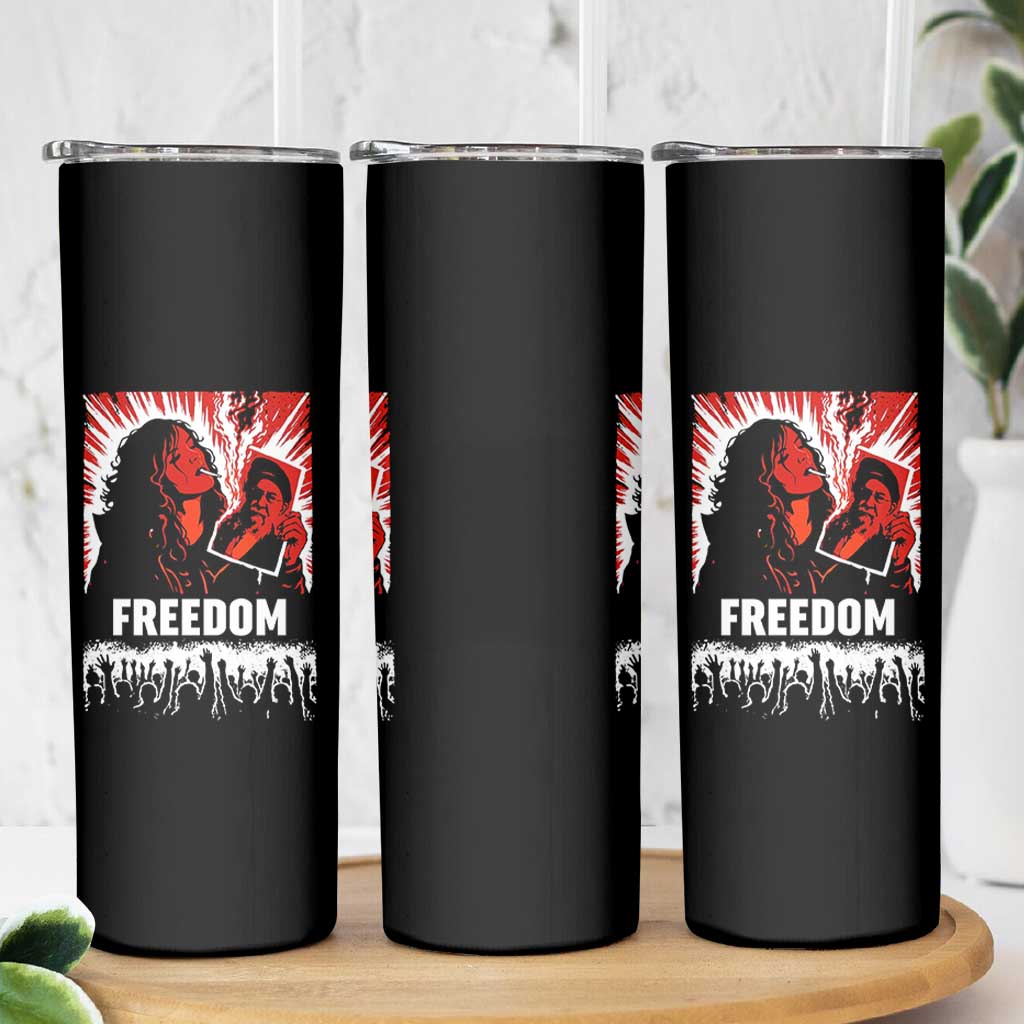 Freedom Iran Women Revolution 2026 Skinny Tumbler Lighting Cigarette with Burning Portrait Graphic