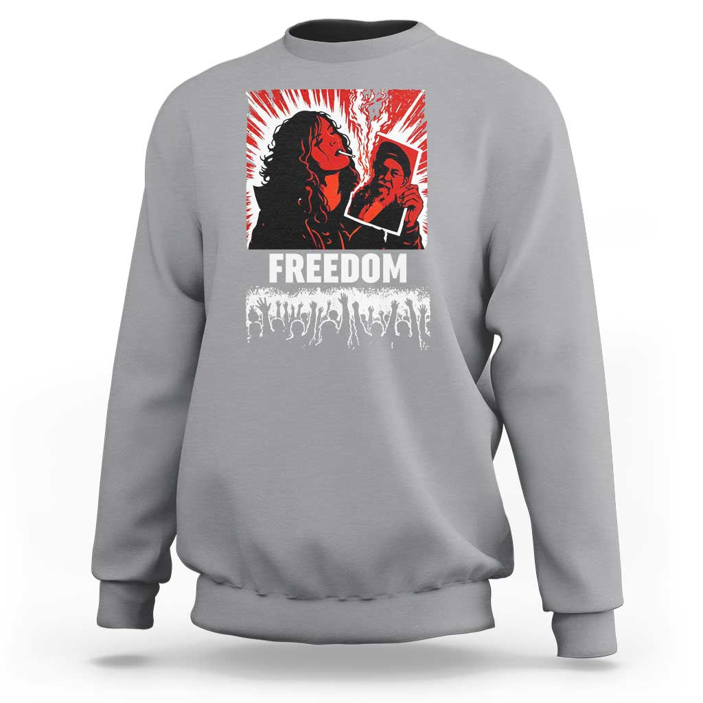 Freedom Iran Women Revolution 2026 Sweatshirt Lighting Cigarette with Burning Portrait Graphic