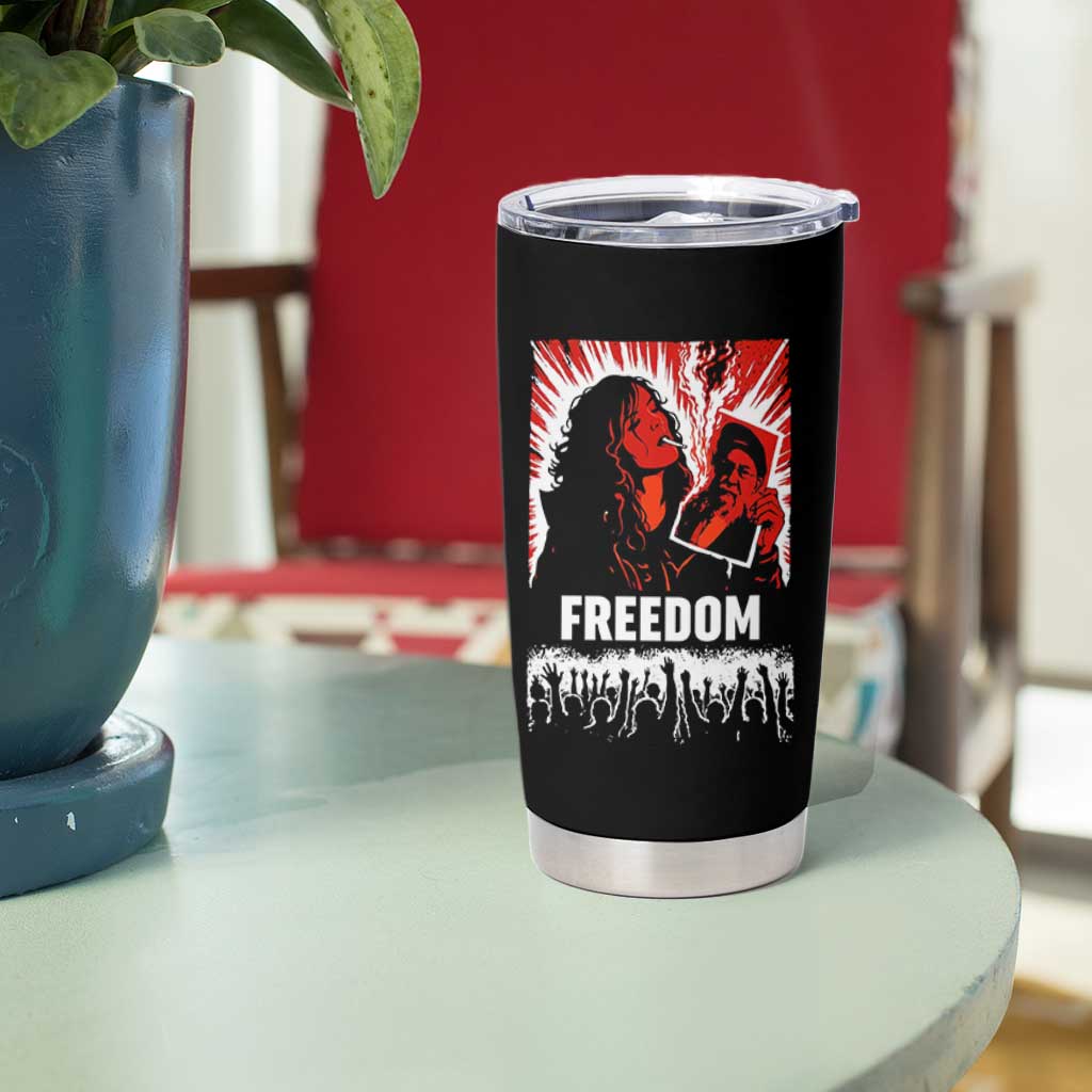 Freedom Iran Women Revolution 2026 Tumbler Cup Lighting Cigarette with Burning Portrait Graphic