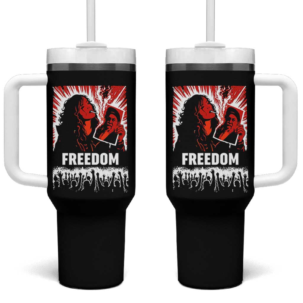 Freedom Iran Women Revolution 2026 Tumbler With Handle Lighting Cigarette with Burning Portrait Graphic