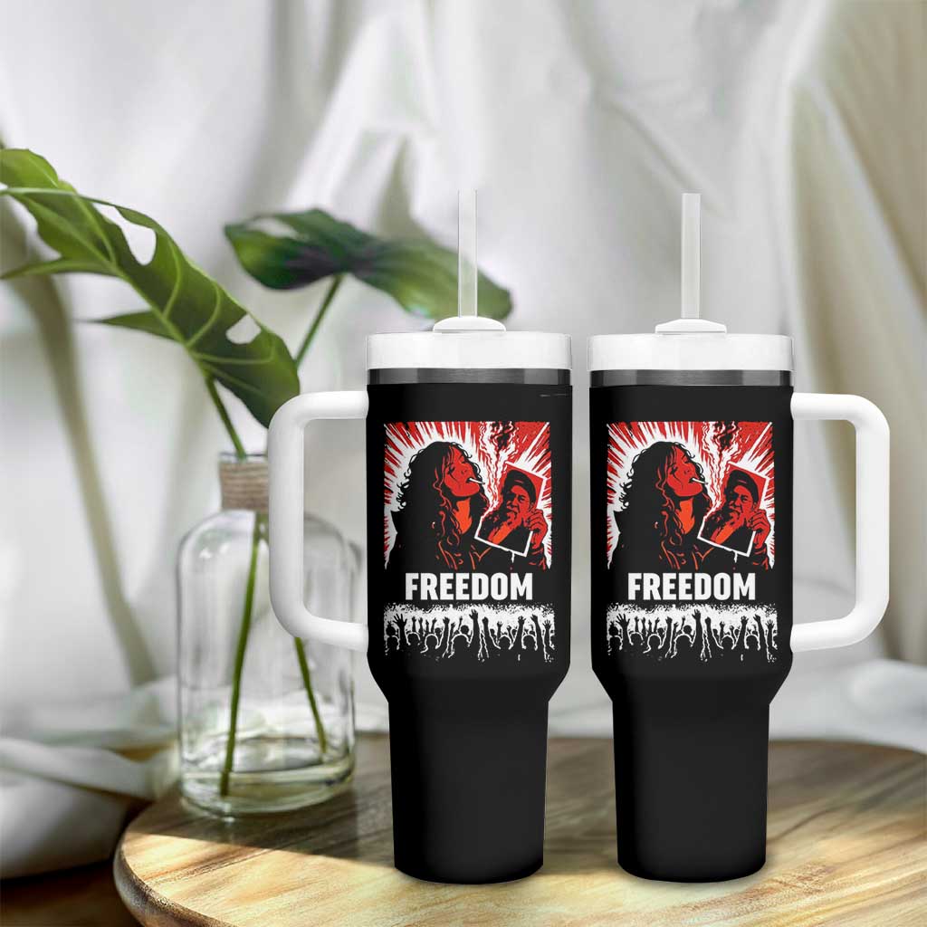Freedom Iran Women Revolution 2026 Tumbler With Handle Lighting Cigarette with Burning Portrait Graphic
