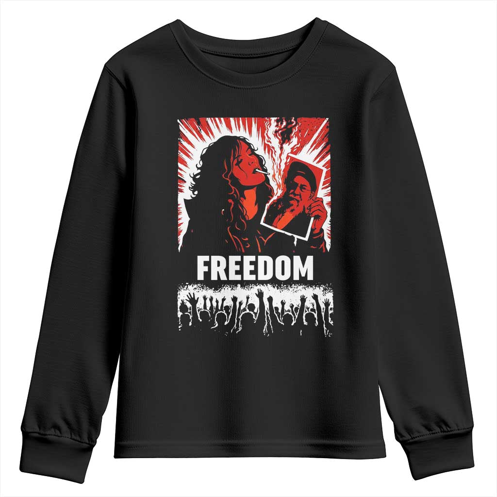 Freedom Iran Women Revolution 2026 Youth Sweatshirt Lighting Cigarette with Burning Portrait Graphic