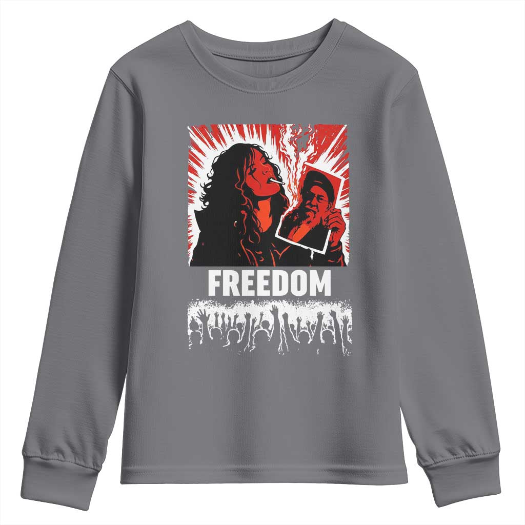 Freedom Iran Women Revolution 2026 Youth Sweatshirt Lighting Cigarette with Burning Portrait Graphic
