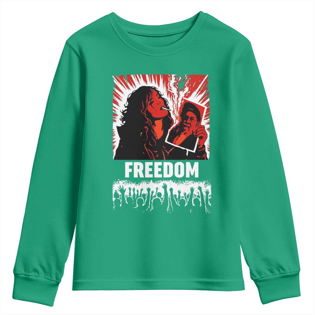 Freedom Iran Women Revolution 2026 Youth Sweatshirt Lighting Cigarette with Burning Portrait Graphic