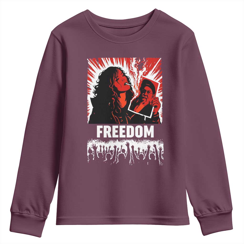Freedom Iran Women Revolution 2026 Youth Sweatshirt Lighting Cigarette with Burning Portrait Graphic