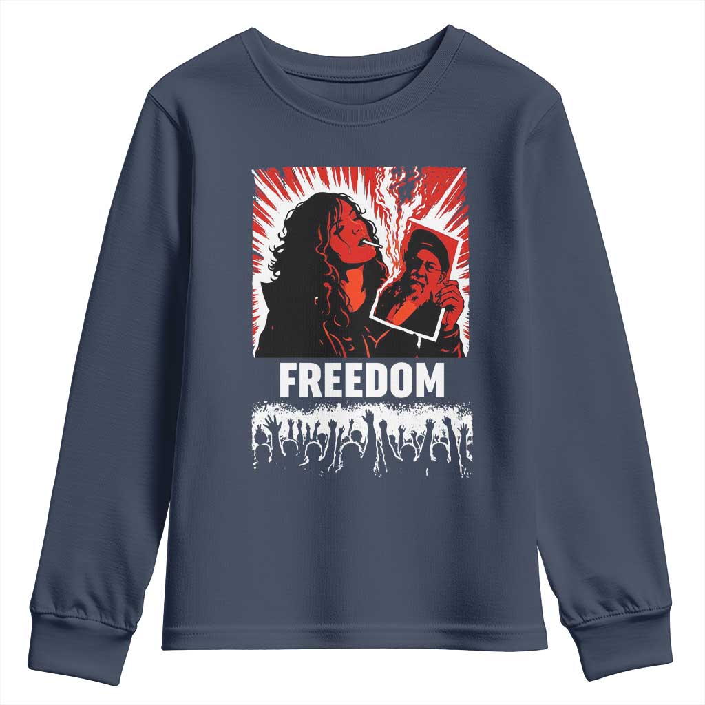 Freedom Iran Women Revolution 2026 Youth Sweatshirt Lighting Cigarette with Burning Portrait Graphic