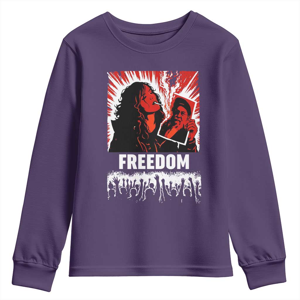 Freedom Iran Women Revolution 2026 Youth Sweatshirt Lighting Cigarette with Burning Portrait Graphic