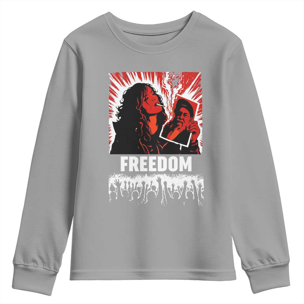 Freedom Iran Women Revolution 2026 Youth Sweatshirt Lighting Cigarette with Burning Portrait Graphic