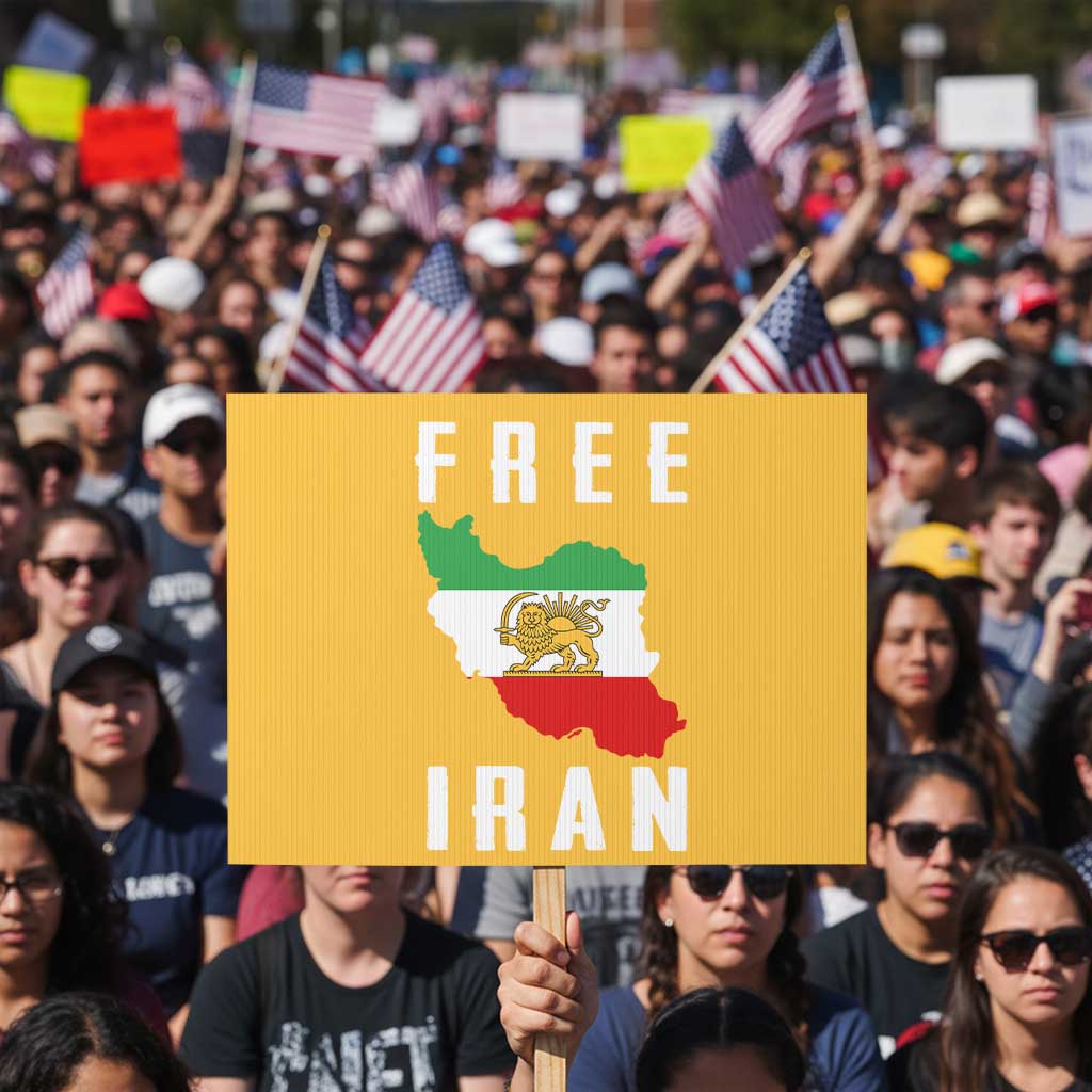 Free Iran Revolution 2026 Protest Sign Sun and Lion Flag Iranian Freedom Justice