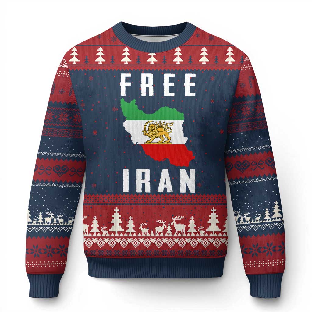 Free Iran Revolution 2026 Ugly Christmas Sweater Sun and Lion Flag Iranian Freedom Justice