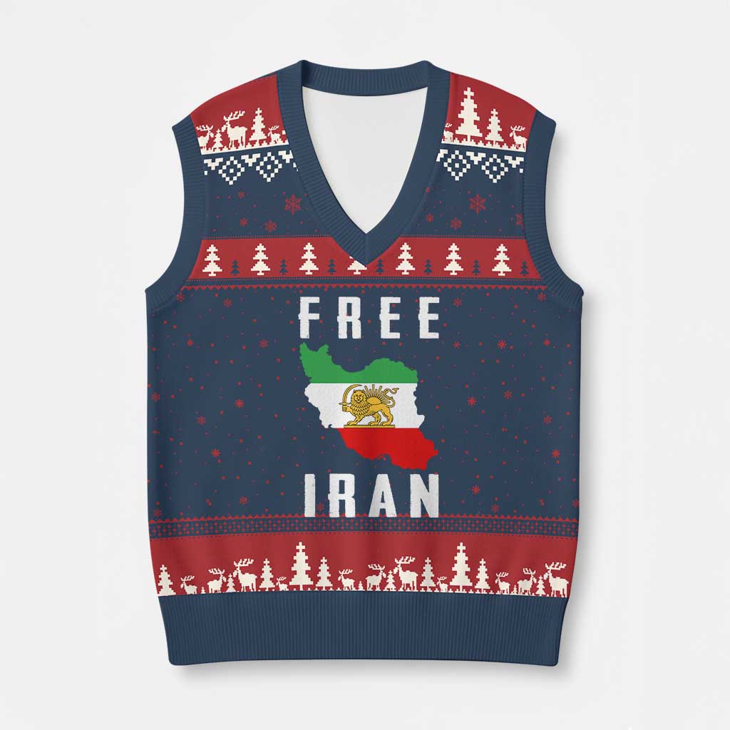 Free Iran Revolution 2026 V-Neck Knit Sweater Vest Sun and Lion Flag Iranian Freedom Justice