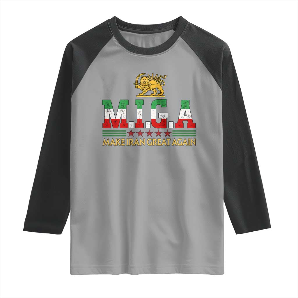 Make Iran Great Again Patriotic MIGA Raglan Shirt Lion and Sun Persian Flag Freedom Iranian Revolution