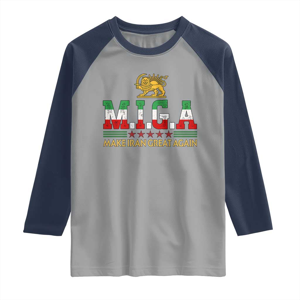 Make Iran Great Again Patriotic MIGA Raglan Shirt Lion and Sun Persian Flag Freedom Iranian Revolution