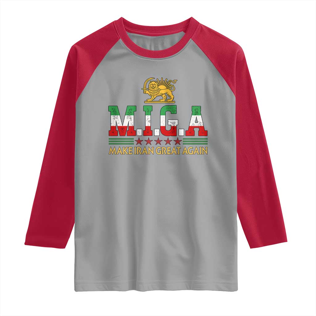 Make Iran Great Again Patriotic MIGA Raglan Shirt Lion and Sun Persian Flag Freedom Iranian Revolution