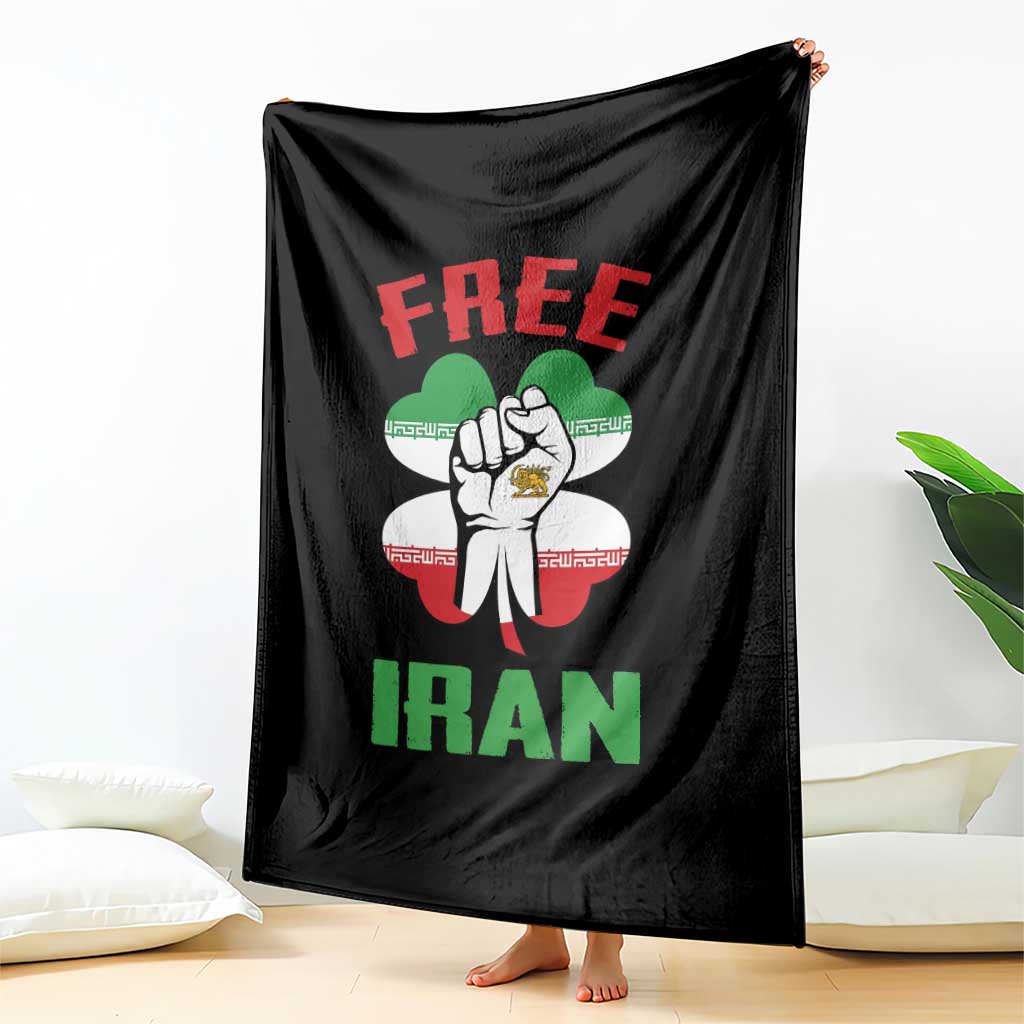 Free Iran Raised Fist and Persian Flag Clover Throw Blanket Lion and Sun Freedom Fighter Iranian Revolution