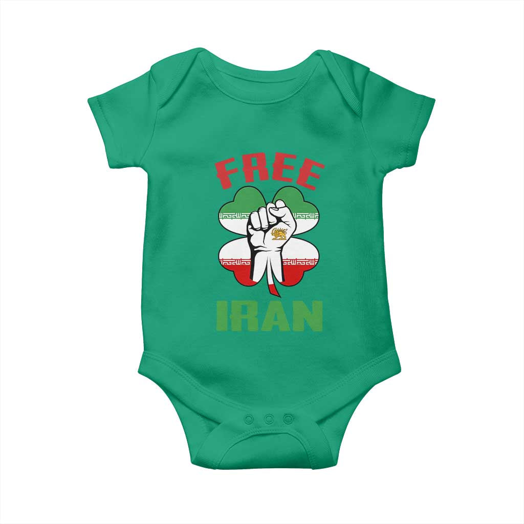 Free Iran Raised Fist and Persian Flag Clover Baby Onesie Lion and Sun Freedom Fighter Iranian Revolution
