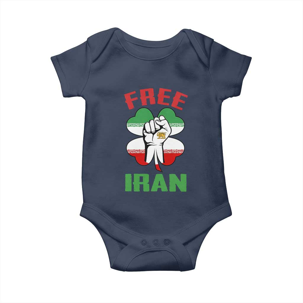 Free Iran Raised Fist and Persian Flag Clover Baby Onesie Lion and Sun Freedom Fighter Iranian Revolution
