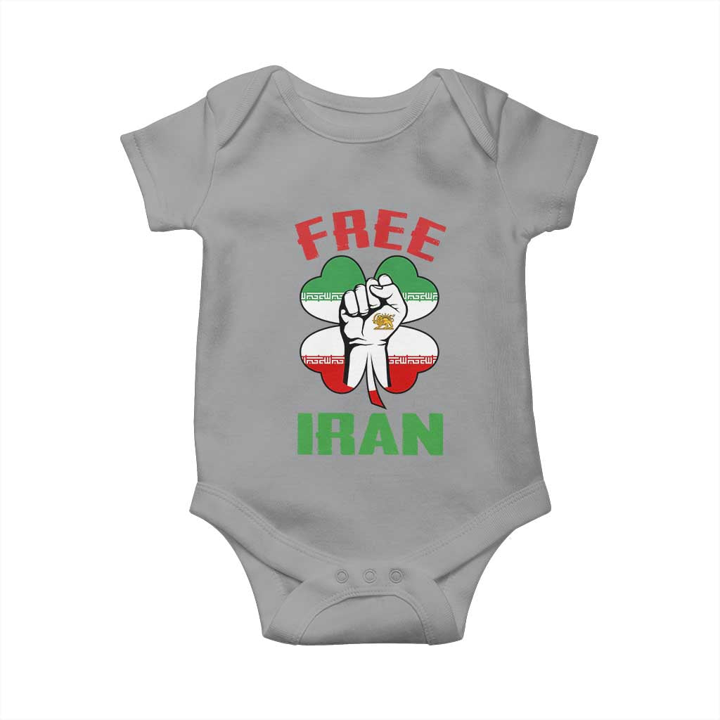Free Iran Raised Fist and Persian Flag Clover Baby Onesie Lion and Sun Freedom Fighter Iranian Revolution