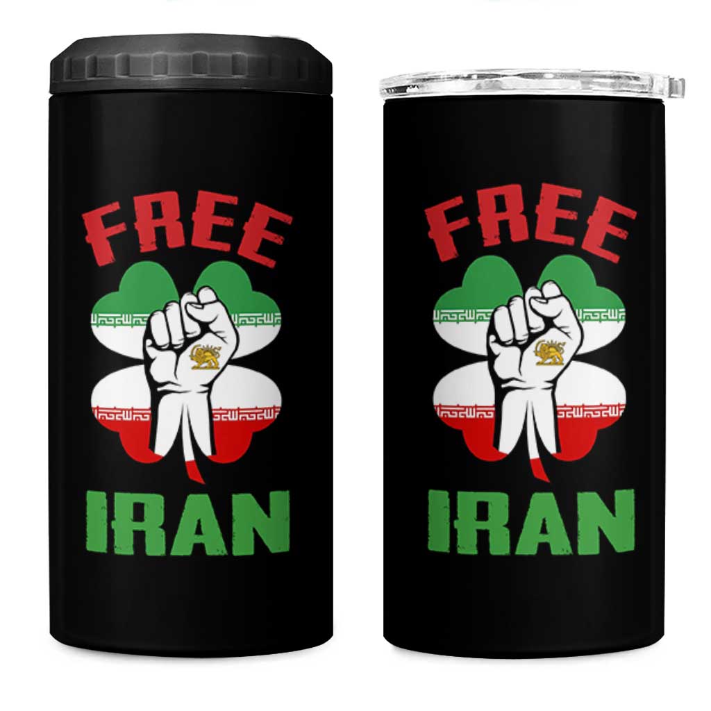 Free Iran Raised Fist and Persian Flag Clover 4 in 1 Can Cooler Tumbler Lion and Sun Freedom Fighter Iranian Revolution