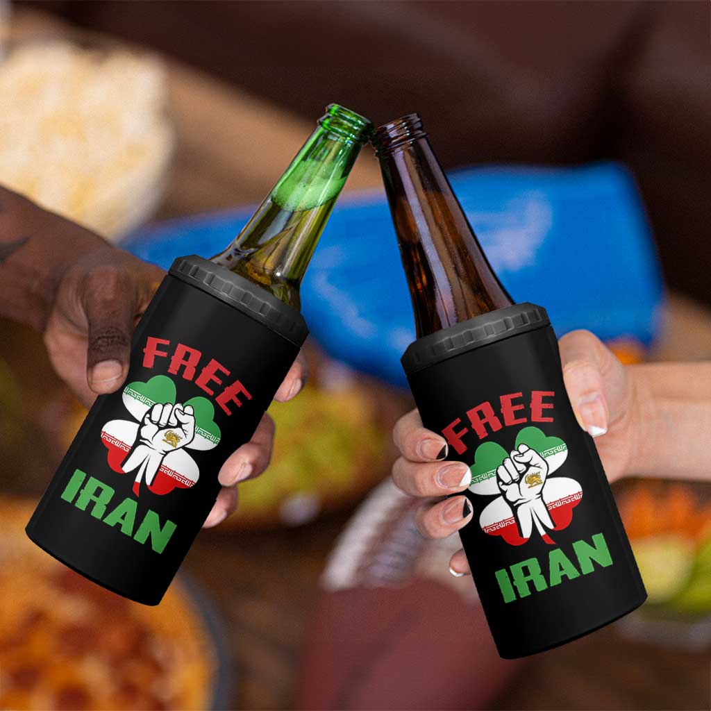 Free Iran Raised Fist and Persian Flag Clover 4 in 1 Can Cooler Tumbler Lion and Sun Freedom Fighter Iranian Revolution