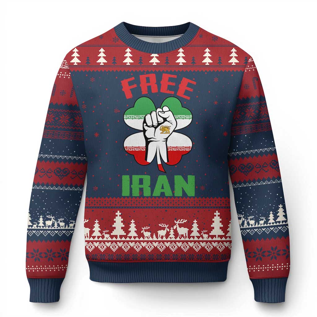 Free Iran Raised Fist and Persian Flag Clover Ugly Christmas Sweater Lion and Sun Freedom Fighter Iranian Revolution