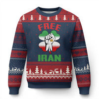 Free Iran Raised Fist and Persian Flag Clover Ugly Christmas Sweater Lion and Sun Freedom Fighter Iranian Revolution