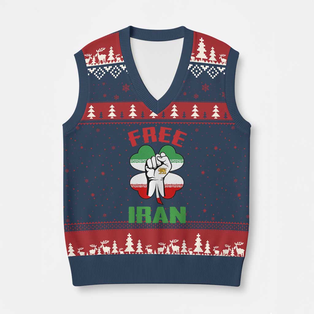 Free Iran Raised Fist and Persian Flag Clover V-Neck Knit Sweater Vest Lion and Sun Freedom Fighter Iranian Revolution