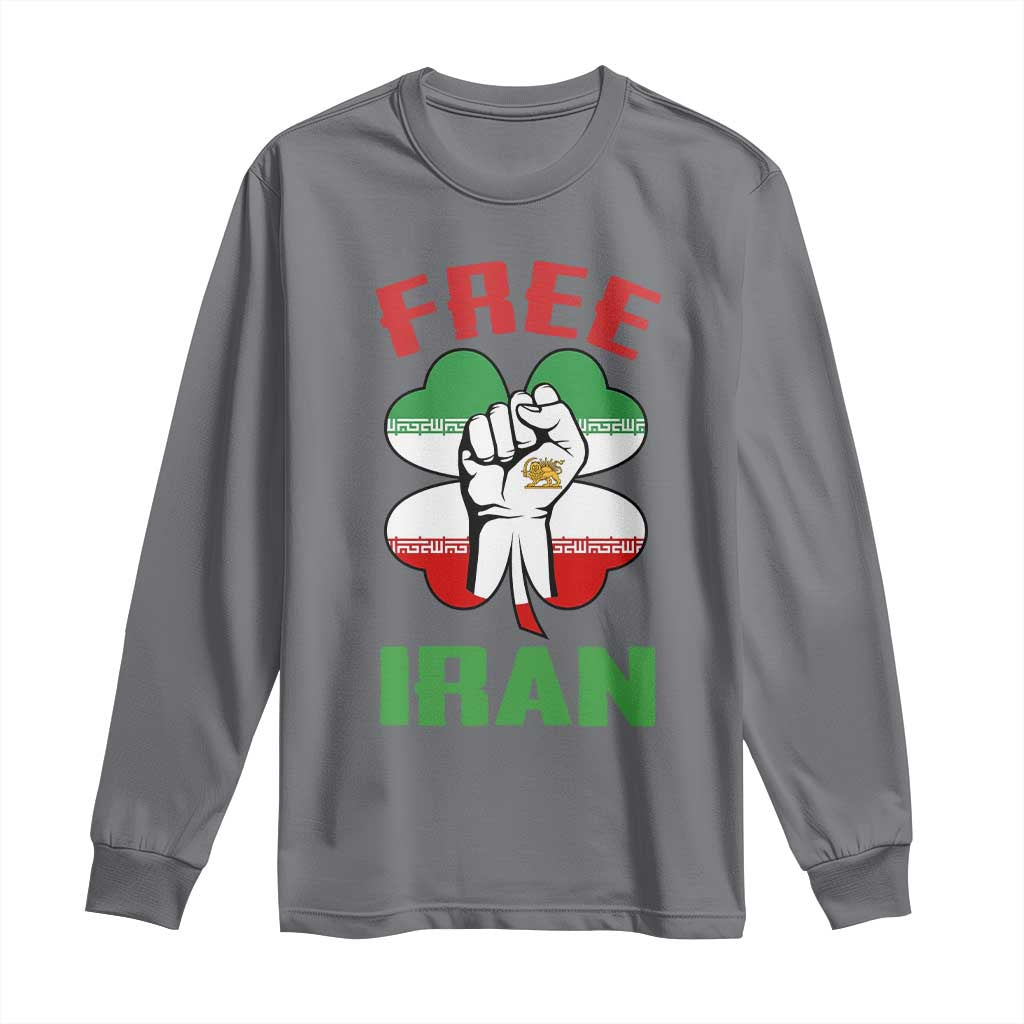 Free Iran Raised Fist and Persian Flag Clover Long Sleeve Shirt Lion and Sun Freedom Fighter Iranian Revolution