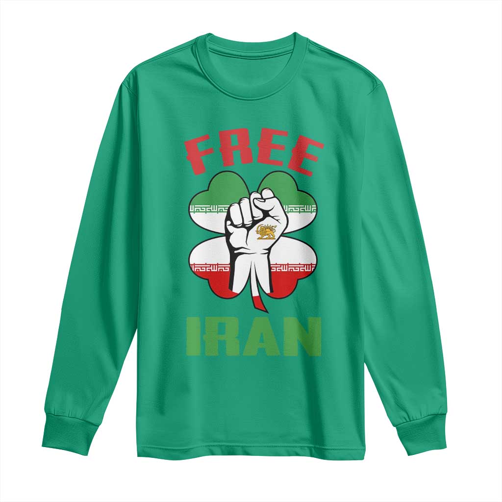 Free Iran Raised Fist and Persian Flag Clover Long Sleeve Shirt Lion and Sun Freedom Fighter Iranian Revolution
