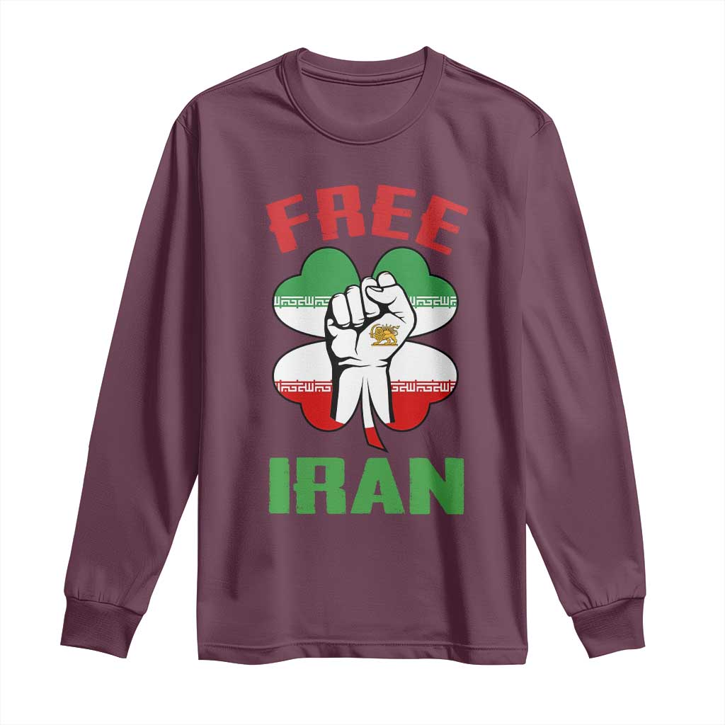 Free Iran Raised Fist and Persian Flag Clover Long Sleeve Shirt Lion and Sun Freedom Fighter Iranian Revolution