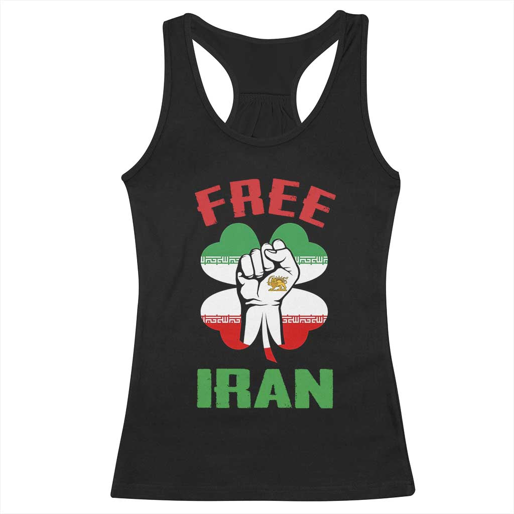Free Iran Raised Fist and Persian Flag Clover Racerback Tank Top Lion and Sun Freedom Fighter Iranian Revolution