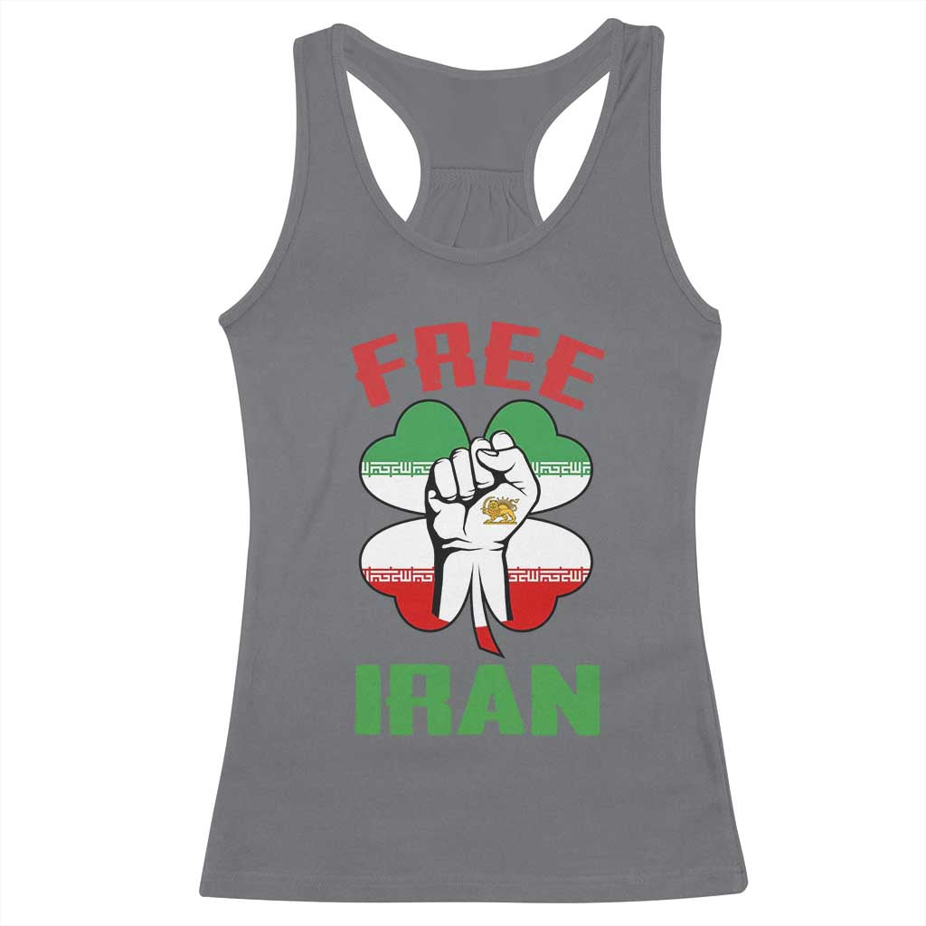 Free Iran Raised Fist and Persian Flag Clover Racerback Tank Top Lion and Sun Freedom Fighter Iranian Revolution