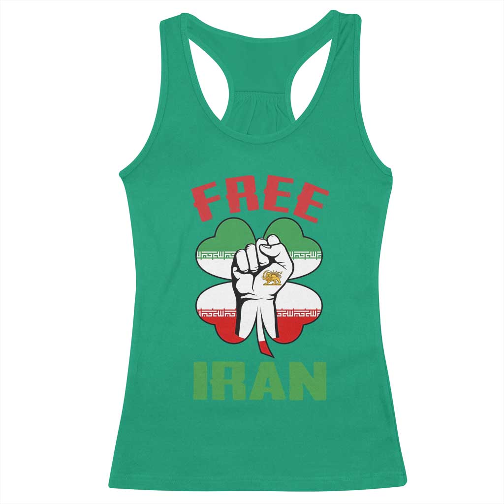 Free Iran Raised Fist and Persian Flag Clover Racerback Tank Top Lion and Sun Freedom Fighter Iranian Revolution