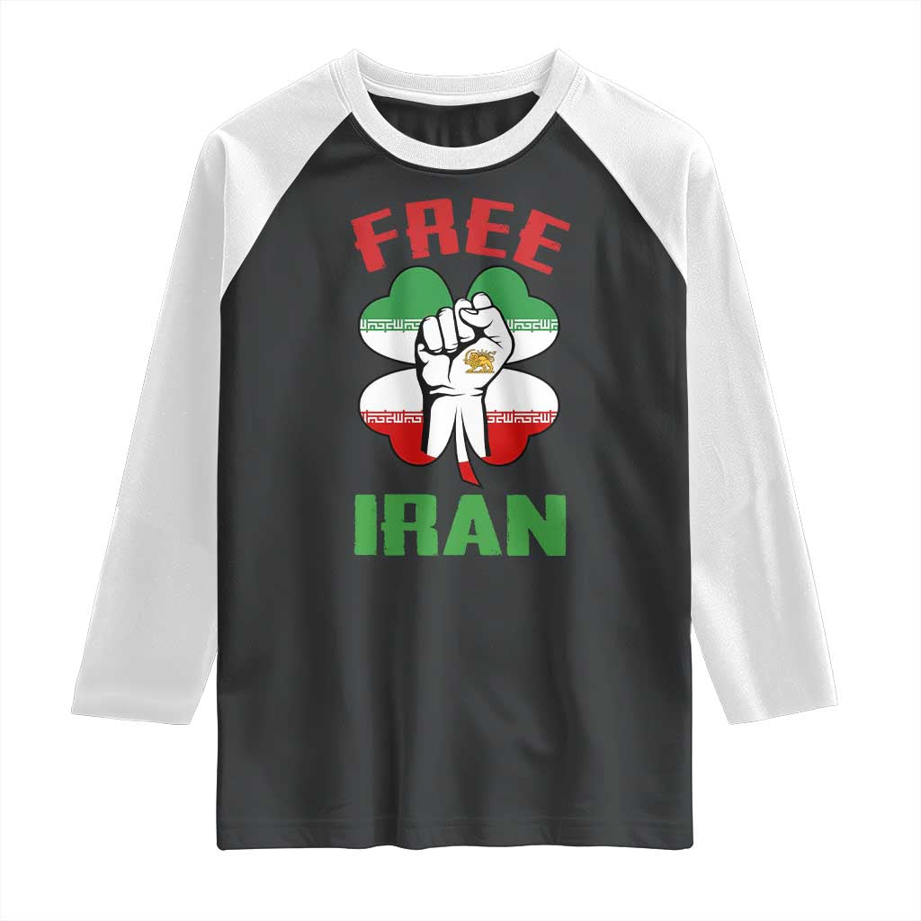 Free Iran Raised Fist and Persian Flag Clover Raglan Shirt Lion and Sun Freedom Fighter Iranian Revolution