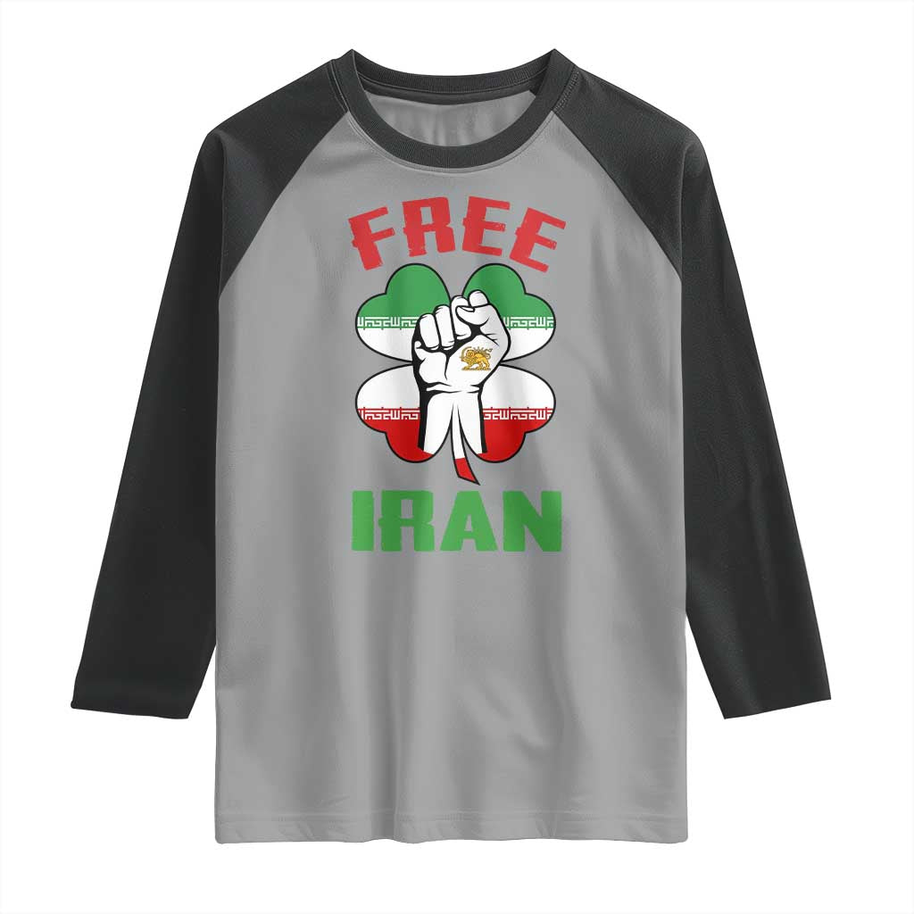 Free Iran Raised Fist and Persian Flag Clover Raglan Shirt Lion and Sun Freedom Fighter Iranian Revolution