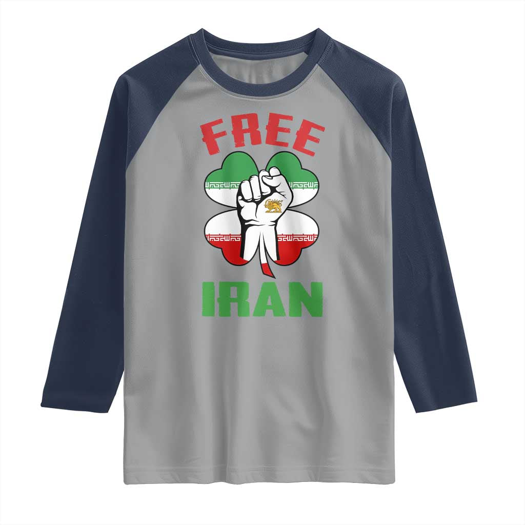 Free Iran Raised Fist and Persian Flag Clover Raglan Shirt Lion and Sun Freedom Fighter Iranian Revolution