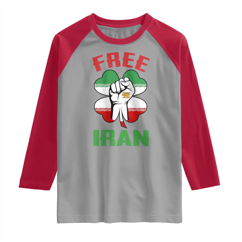 Free Iran Raised Fist and Persian Flag Clover Raglan Shirt Lion and Sun Freedom Fighter Iranian Revolution
