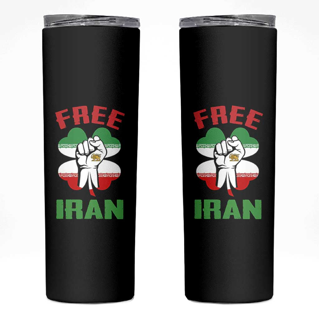 Free Iran Raised Fist and Persian Flag Clover Skinny Tumbler Lion and Sun Freedom Fighter Iranian Revolution